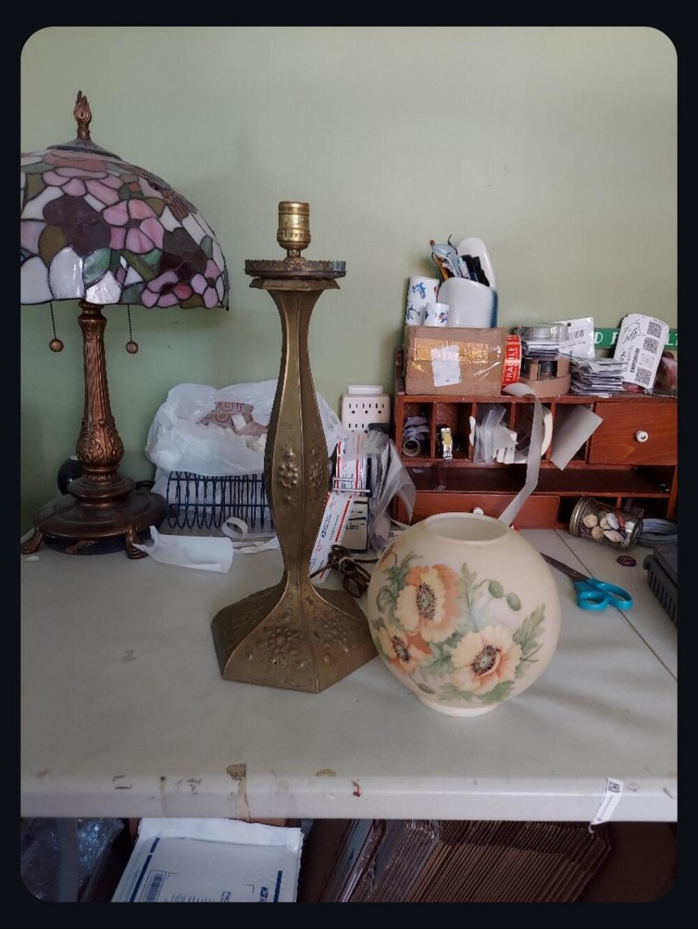 Brass Table Lamp Base with Floral Glass Shade - Unbranded - Cream and Green